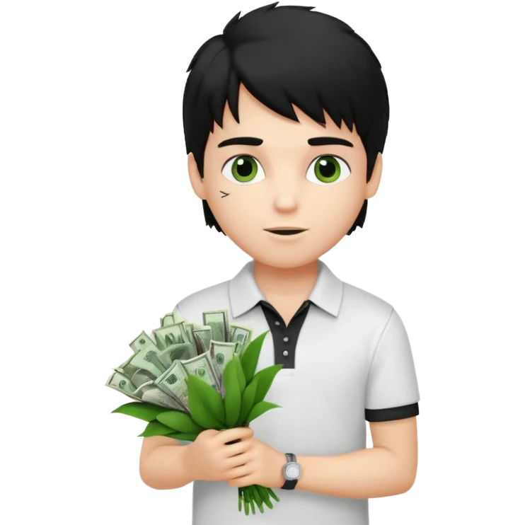 generate a pretty fair bratz boy with a messy mullet (black hair), wearing a white polo.  carrying a bouquet made of money emoji