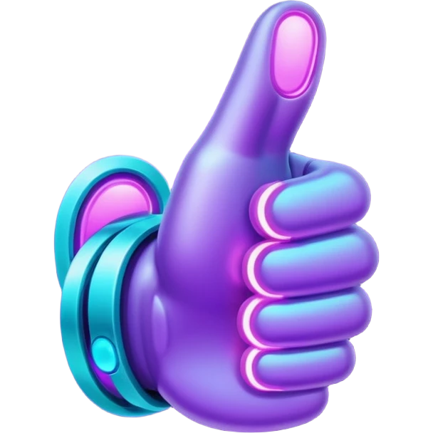 futuristic glowing thumbs up, neon purple and cyan light, dark background, digital tech style emoji