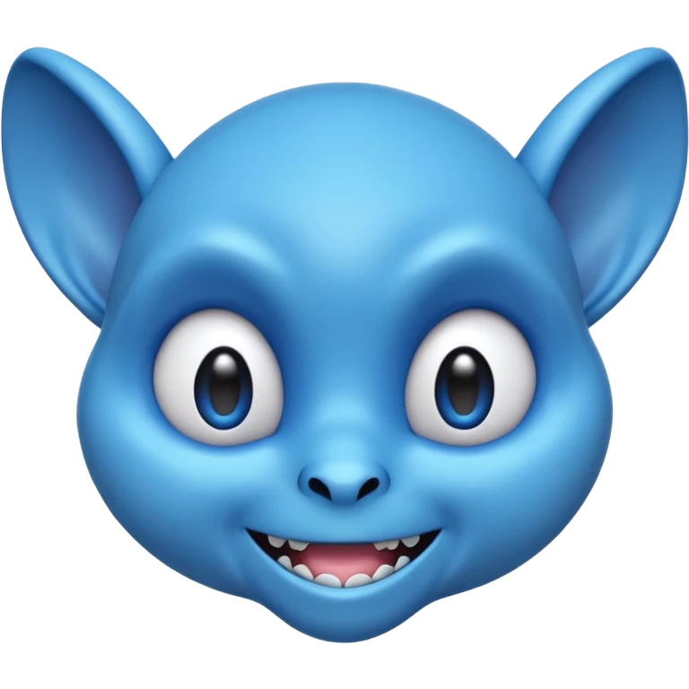 round emoji head of blue alien with floppy ears, sharp teeth, wide eyes, mischievous smile, vibrant, cartoonish, 3D style, soft shading, bold outlines emoji