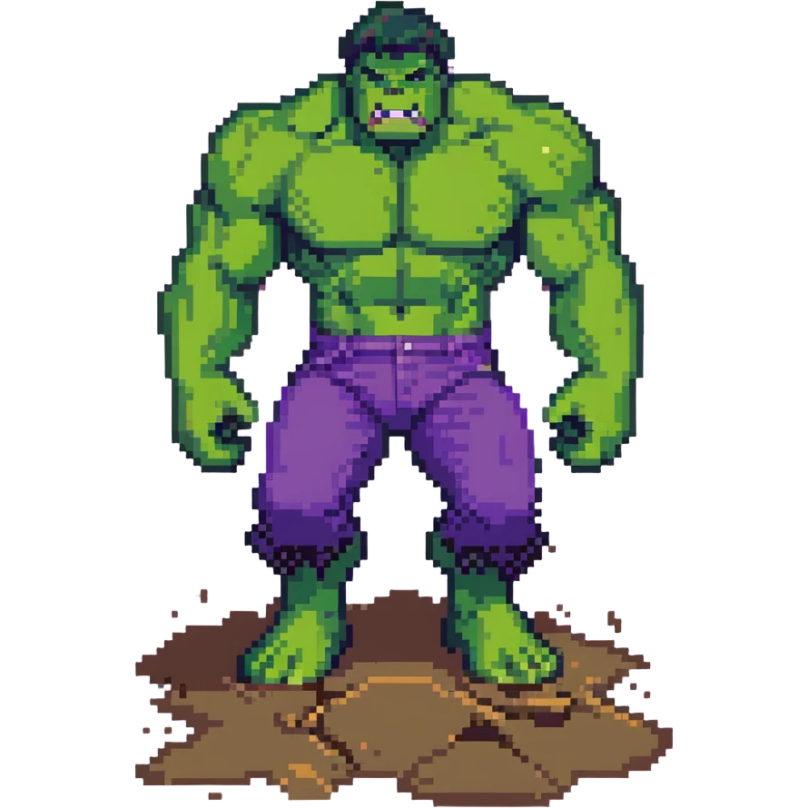 dynamic pose of Hulk from Marvel, smashing ground, green skin, purple pants emoji
