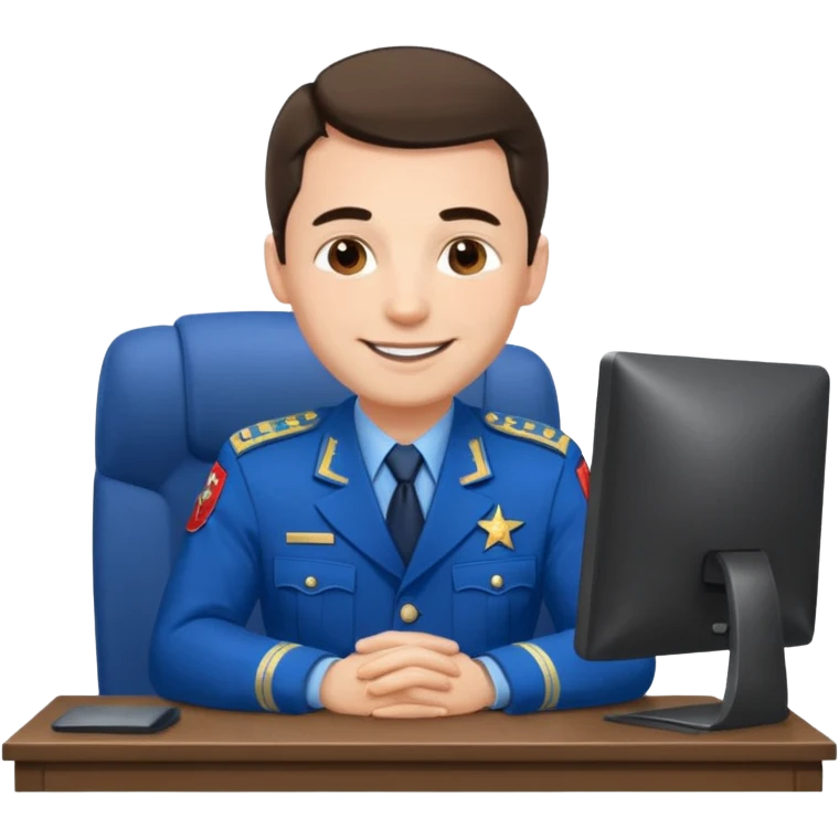 Мужчина в российской прокурорской форме, сидит за компьютером с улыбкой (синяя форма) emoji