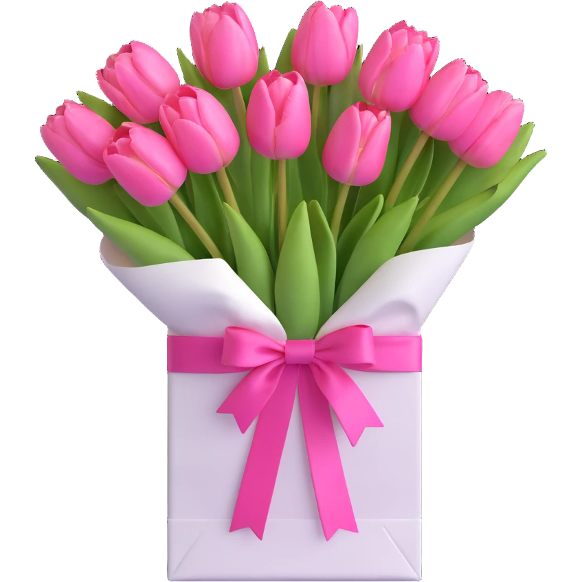 a bouquet of pink tulips in a white paper bag tied with a pink ribbon, 3D iOS emoji style, pastel pinks and lavenders, softest shadows, clean and airy look emoji