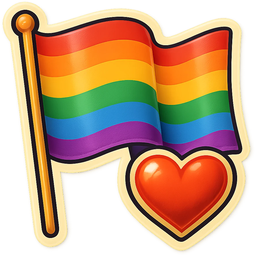 gay pride rainbow flag, waving, with a heart, retro sticker style emoji
