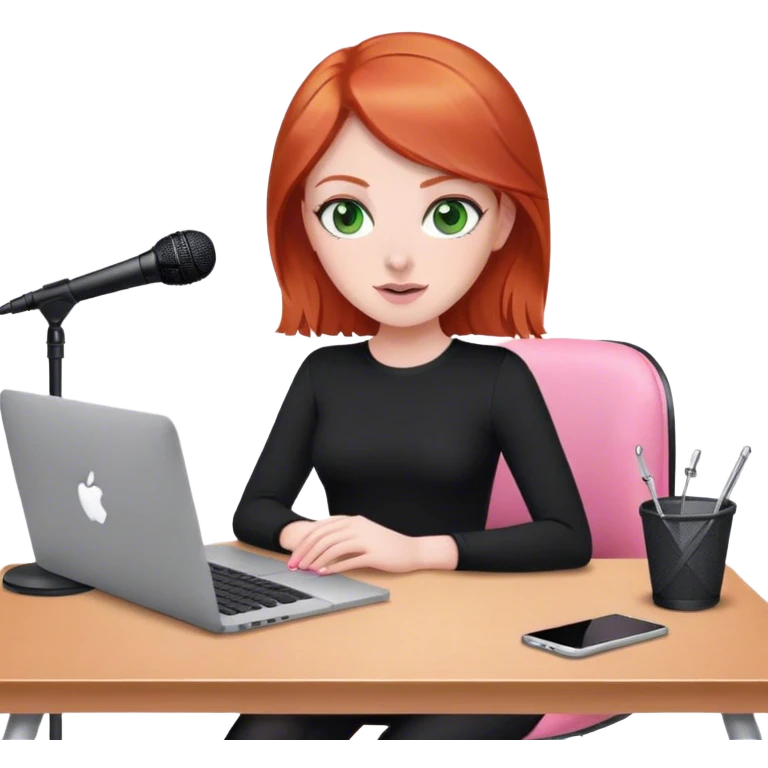 Redhead with green eyes sat at desk with pink MacBook and  podcast microphone black top and pink chair  emoji