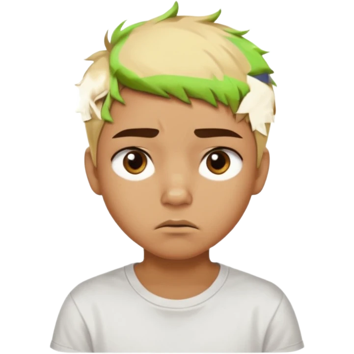 caramel skin color. Teen age. Short buzz, messy blonde hair, dark brown bushy eyebrows large expressive golden-brown eyes, brown skin color, scar over nose, wearing a plain white t-shirt. Disappointed thinking facial expression. caramel skin color emoji