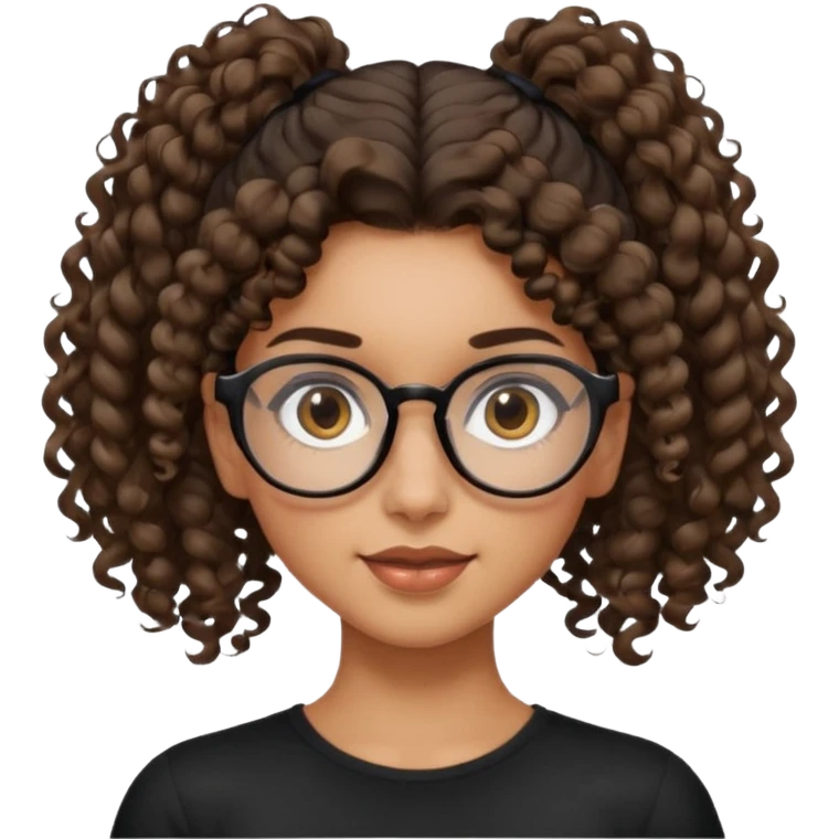 un chica con pelo rizado tiene hecha una coleta y con dos rizos sueltos en la parte de alante que le llega hasta el cuello. luego pil un poco morena ojos marrones y tiene gafas negras y son exagonales pero un poco redondeadas. emoji