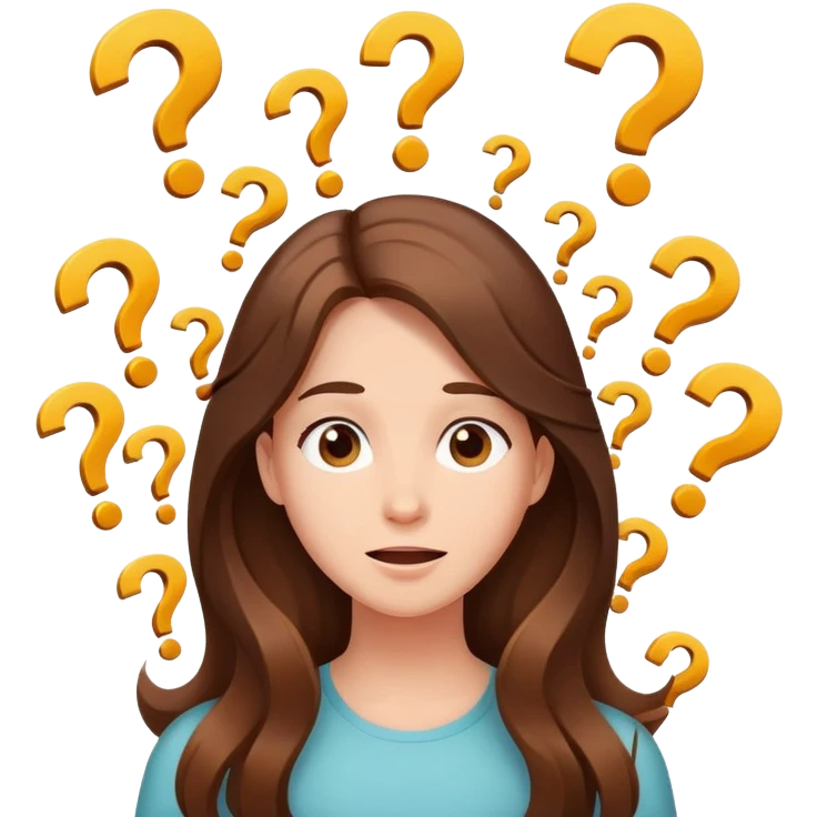 Happy Confused girl with long brown hair surrounded by floating question marks elegant cute  emoji