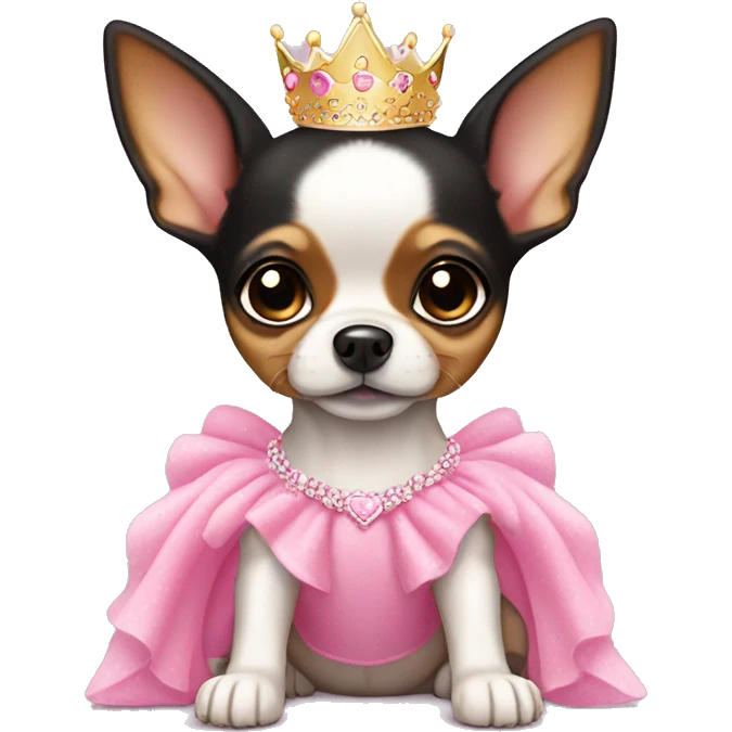 black & tan chihuahua puppy wearing a pink princess dress emoji