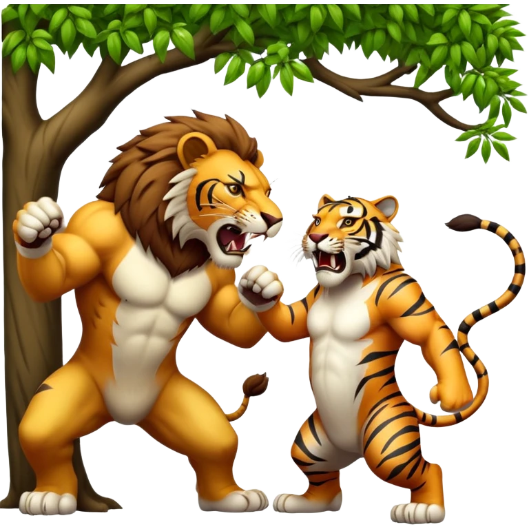 Realistic lion and tiger fighting in the trees emoji