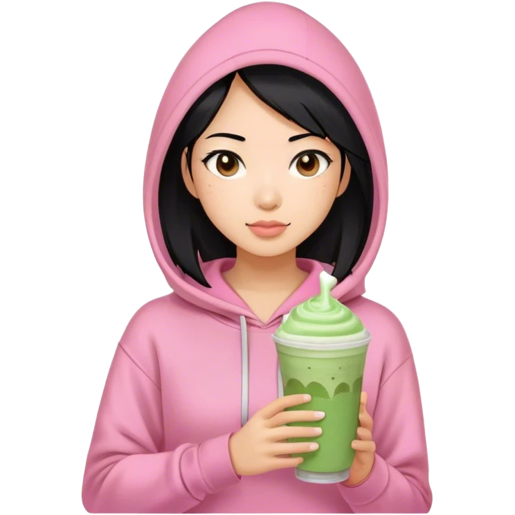 Asian woman with medium lenght black hair, brown eyes, pink hoddie, holding Matcha frappe emoji