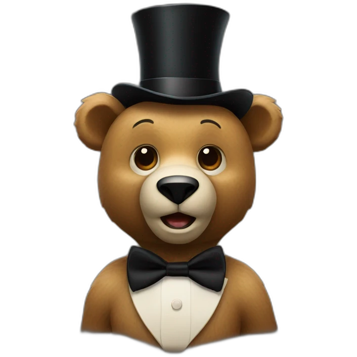 a animatronic bear with a black top hat and black bowtie and holding a microphone emoji