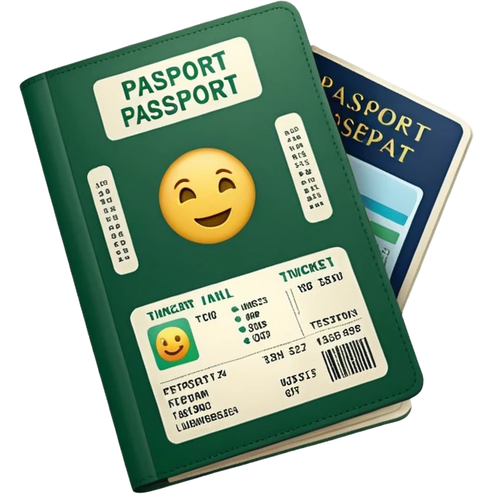 white passport with embedded airline tickets, dark green details on tickets and passport, rest white, emoji style emoji