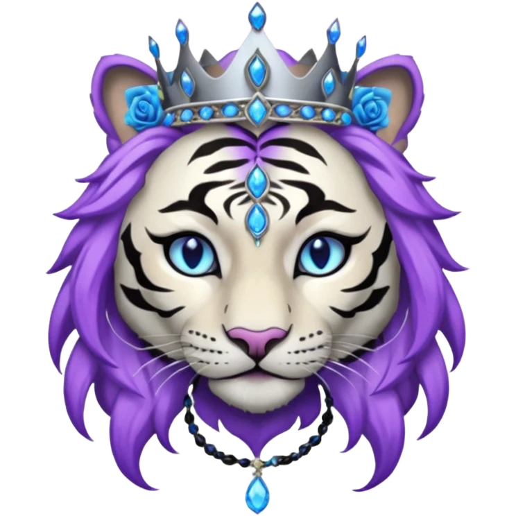 ESO Female white/black tiger khajiit leader of the umbral rose, glowing blue eyes, glowing blue 'third eye' gem, black beaded dreadlocks; silver crown/tiara with purple gems emoji