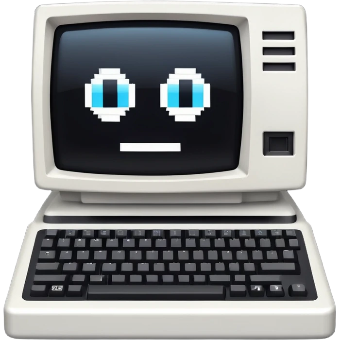 White and black 80s computer with face emoji
