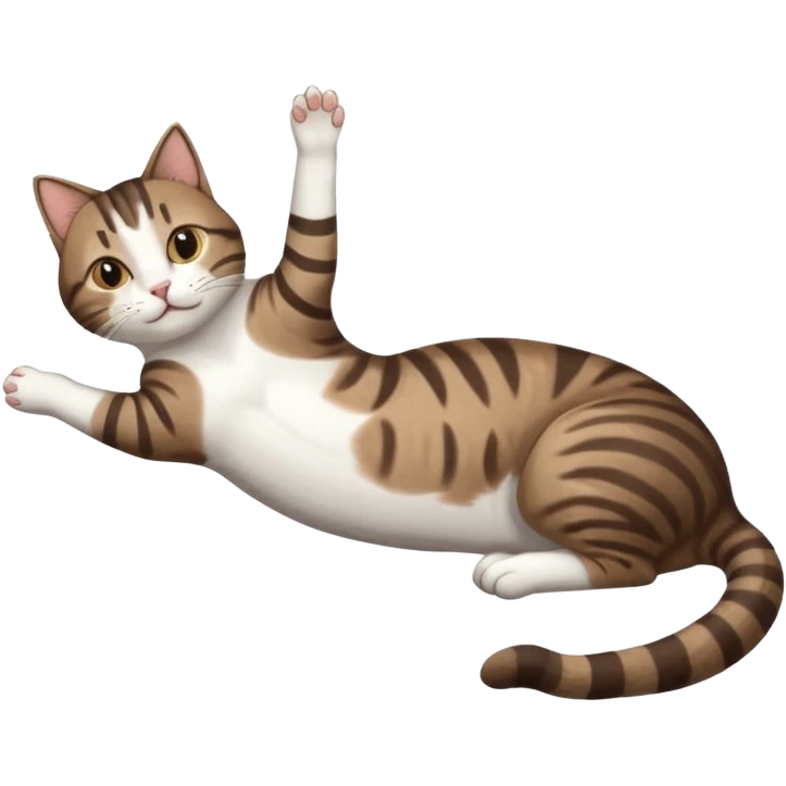 dark brown tabby and white cat with doing a big extremely long stretch reaching up into the air with arms and legs side by side together straight and overextended whilst lying on its side emoji