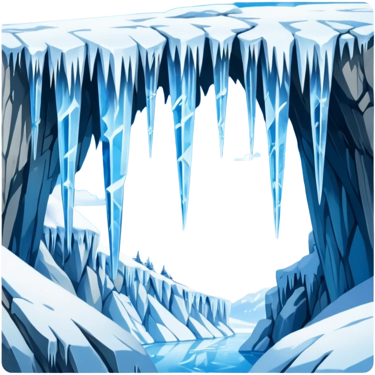 A stunning winter scene showing long, sharp icicles hanging from a frozen cliff or ledge, glistening in bright daylight. The surface is covered in snow and ice, with a cold blue and white color palette, highly detailed, realistic lighting, and frosty atmosphere. emoji