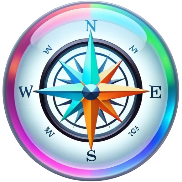 A glowing holographic compass with vibrant neon colors, inside a crystal-clear floating sphere emoji