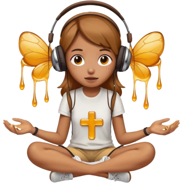This girl(🧘🏻‍♀️) is sitting cross-legged in a meditation pose, wearing headphones(🎧) and listening to music. The song is so good that honey is dripping from her ears, and her expression is completely dazed because she’s enjoying the music so much. emoji