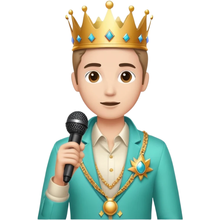 осанка, яркая одежда, уверенный взгляд, держит микрофон или корону emoji