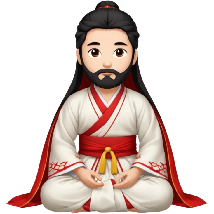 Beautiful man with lightly tan skin and dark long beard, long hair, in red and white Hanfu sitting on the ground emoji