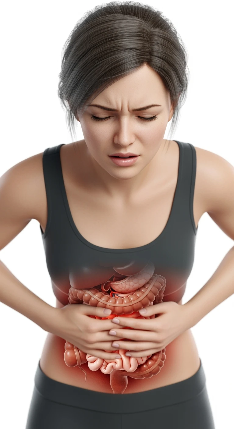 DONNA CON MAL DI PANCIA E INTESTINO UMANO ANATOMICO VISIBILE, IPERREALISTICO 4K, SFONDO BIANCO emoji