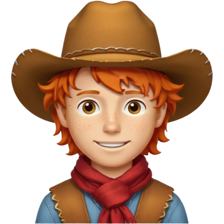 a wavy orange hair boy wearing a cowboy hat with a mischievous grin and freckles with western red scarf on his neck emoji