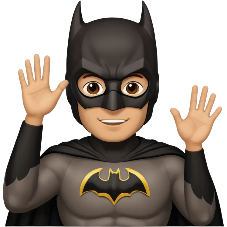 Make a man with brown eyes and dark hair in a Batman costume and mask waving "hello" emoji