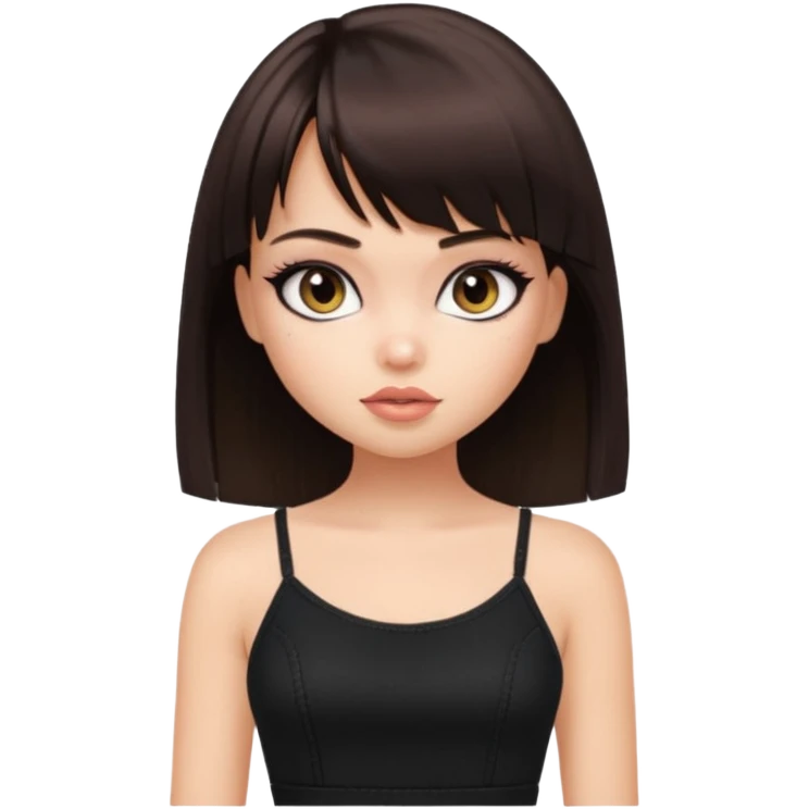 generate a pretty bratz girl in black cami top, dark brown straight bob hair with bangs, eyeliner on, emoji