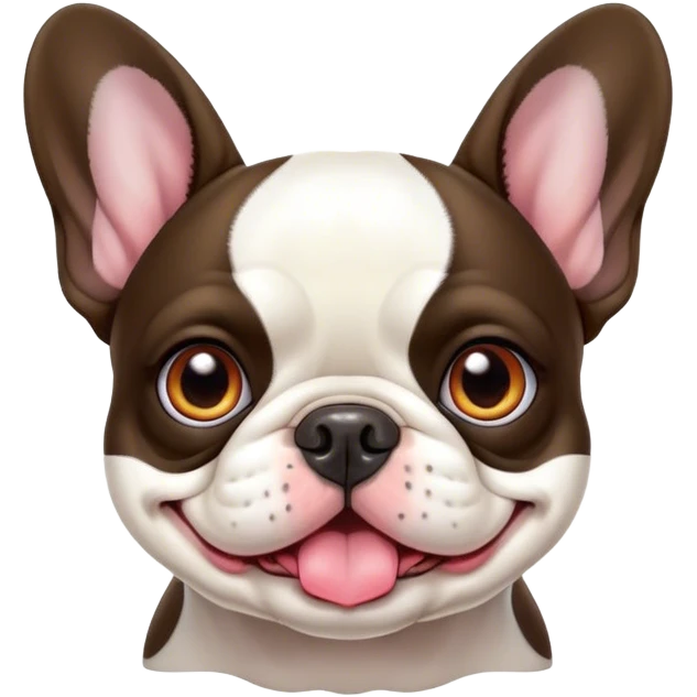 Cinematic Cute Pied French Bulldog Portrait Emoji, Head tilted with a sweet, mischievous grin and large, inviting eyes, featuring a unique pied fur of contrasting colors, simplified yet irresistibly endearing, highly detailed, glowing with a warm, playful radiance, high shine, exuding a quirky charm and affectionate personality, styled with a soft, lighthearted outline, capturing the essence of a cute Pied French Bulldog that looks ready to charm its way into your heart! emoji
