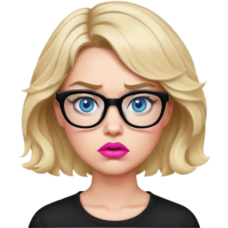 Blonde woman with short wavy hair, blue eyes and pink lips wearing black glasses looking angry emoji