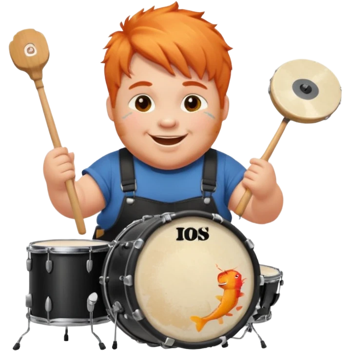 A chubby orange hair fan pounding a bass drum, cheeks puffing with energy with paints on his cheeks emoji