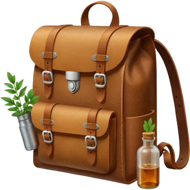 A sturdy, weathered leather backpack with metal-reinforced flaps. A rolled parchment and fresh herbs stick out from its pockets, while a small corked bottle rests at the front. It looks practical, rugged, and ready for any journey. emoji