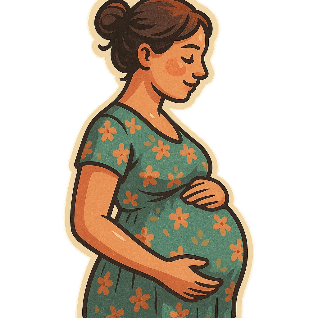 pregnant woman half-length portrait, standing sideways, holding belly, face and head fully in frame, retro stickers style, soft rounded shapes, expressive contours, vintage color palette, light paper texture, shadows and highlights, transparent background, dress with floral pattern and hair tied up emoji