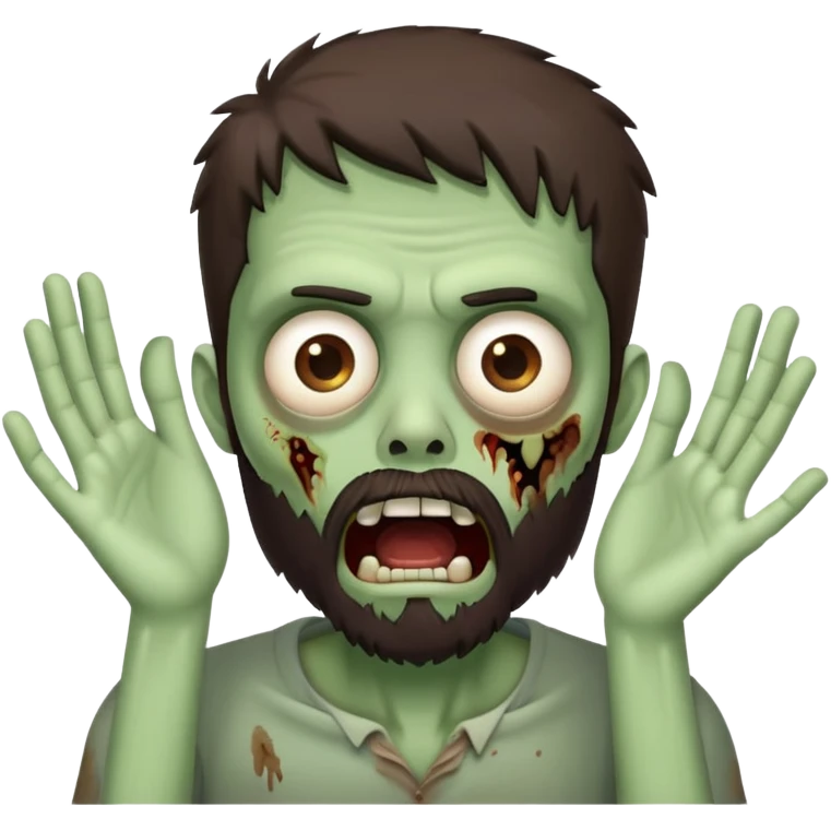 shocked zombie with hands on face, dark brown hair and short full beard emoji