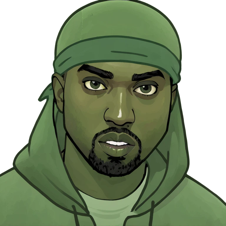 Kanye West as a schizo emote, expressive, exaggerated facial features, wild eyes, energetic pose, meme style emoji