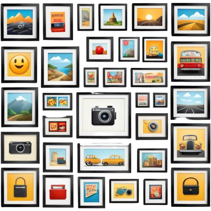 Icon for Photograph and Poster Collecting: a collection of photographs and movie posters, neatly displayed on a wall or in frames. The icon should evoke the nostalgia and artistic value of collecting rare images and posters. Transparent background. emoji