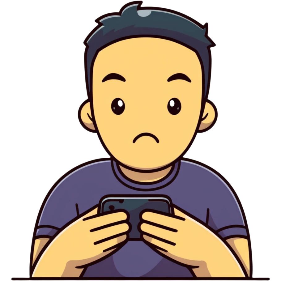 man with shameful expression looking at his smartphone emoji