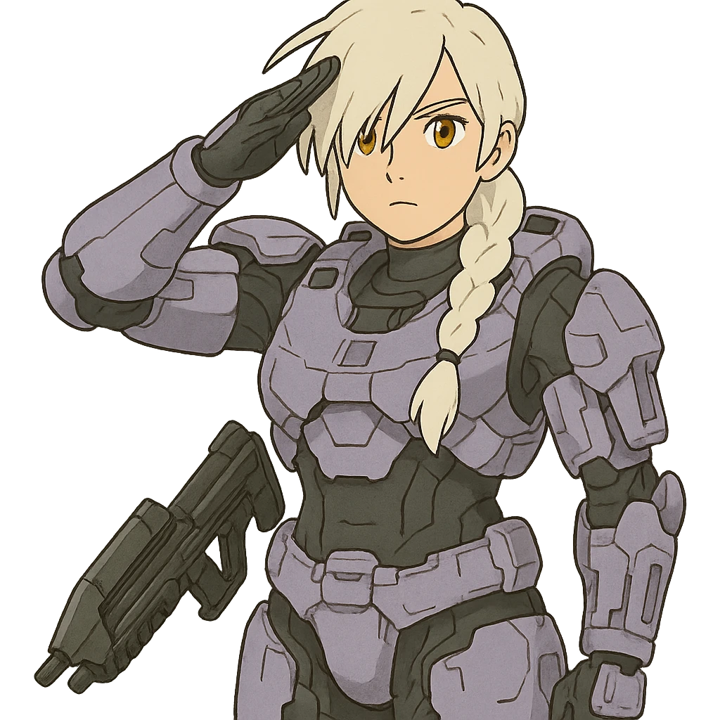 standing salute, weapons-at-arms, female, wearing reach spartan armor shoulder-unequip, long white braid hair with massive messy front side single bangs, gold yellow eyes, attention pose, D-cup size, HALO:series, no helmet, the armor is lavender color scheme, emoji