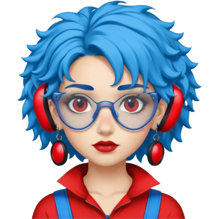 blue curly haired girl with huge earrings, wearing red paintball eye protection, only face  emoji