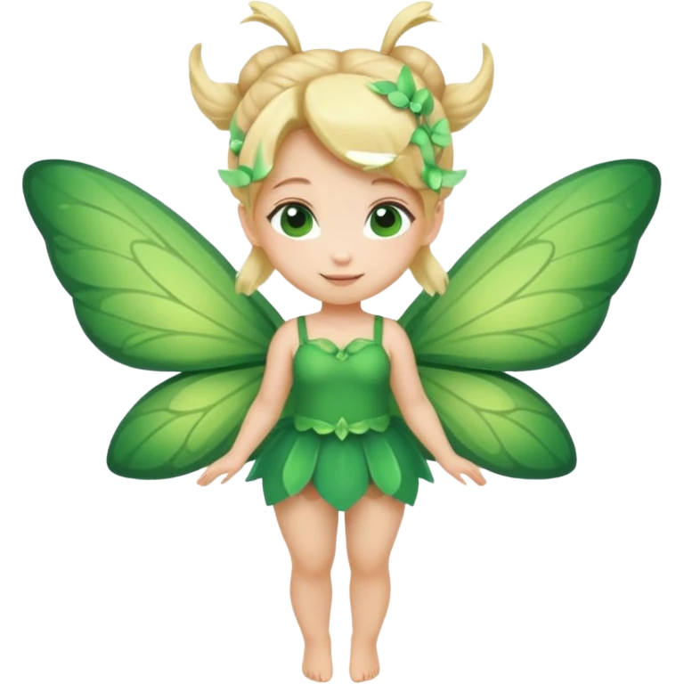 fairy with bun blonde hair, green wings, happy, chibi full body emoji