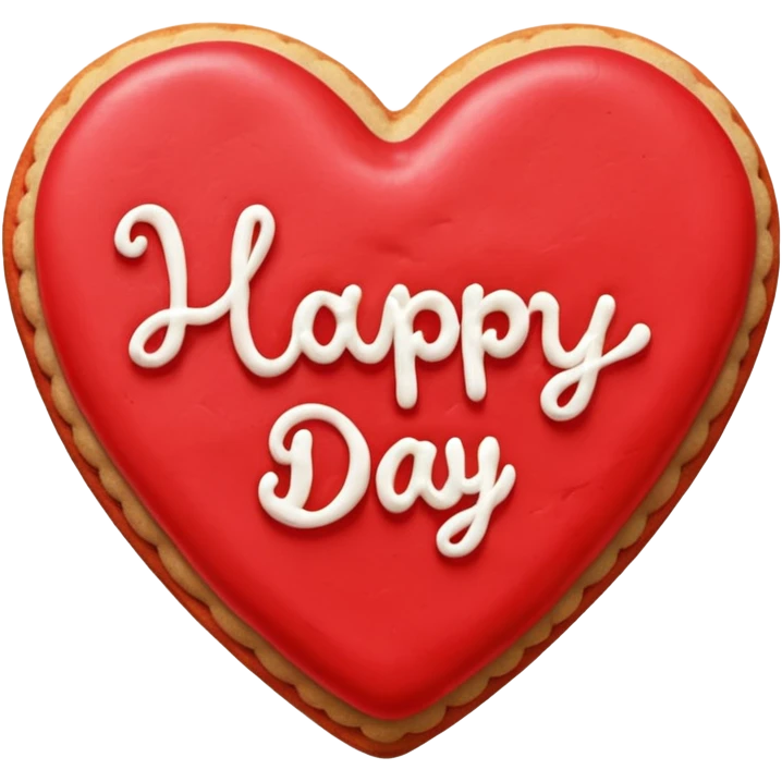 Heart-shaped cookie with red icing emoji, write happy valentine's day on top of the red icing in white icing emoji