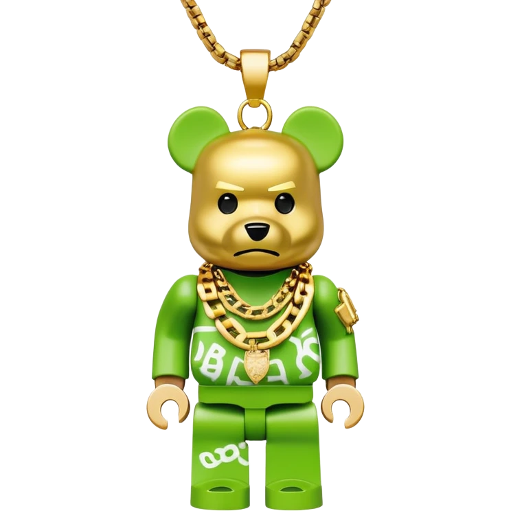 classic bearbrick figure with lime green mask covered in chaotic brand logos, wearing several large gold chains, gold pendant, rapper style accessories, expressive eyebrows emoji