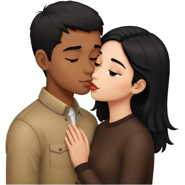 Black haired brown skinned boy kissing a black haired light skinned girl emoji