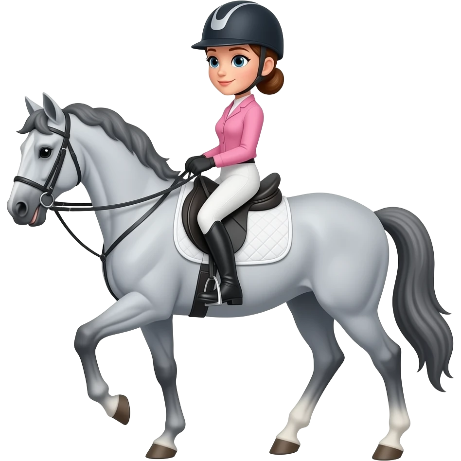 female, light brown hair tied back in bun with riding hat on, blue eyes, wearing grey riding boots and a pink top, riding grey dressage horse with long dark grey mane in piaffe horse emoji