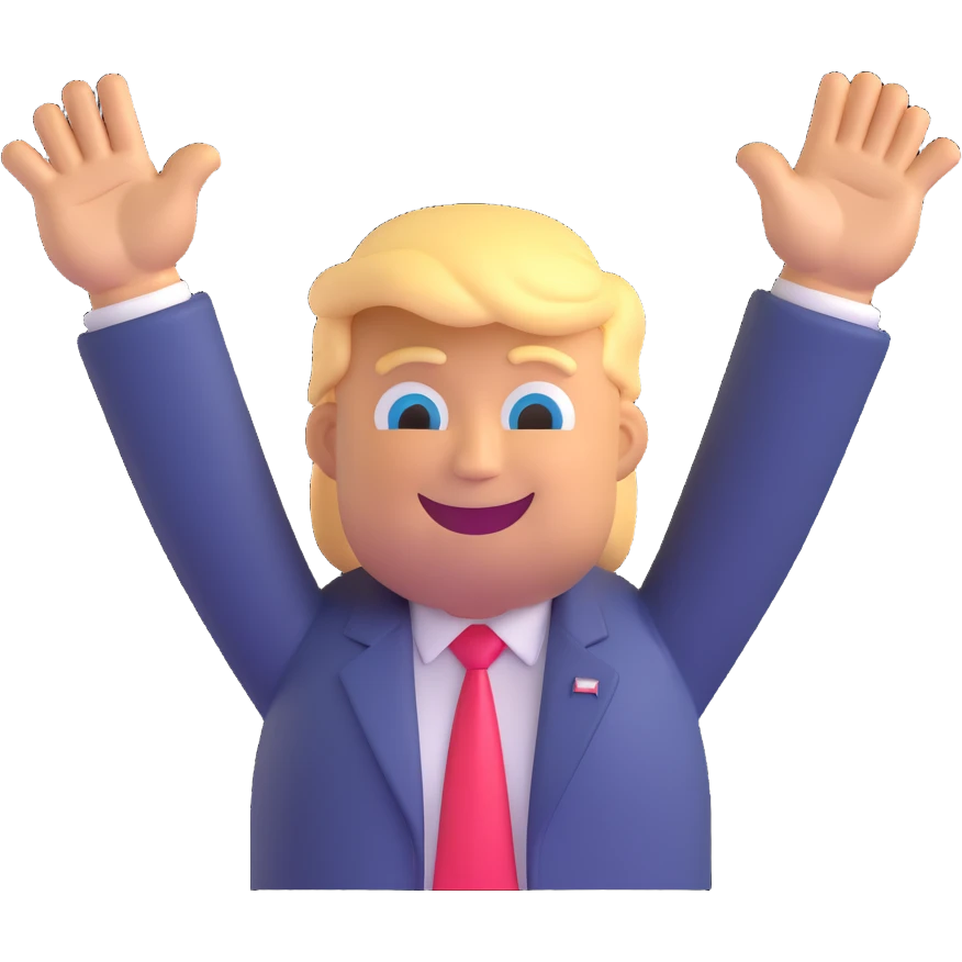 Make Donald Trump emoji do a victory tour pose with arms raised and a big smile, keeping the 3D emoji style, no background. emoji
