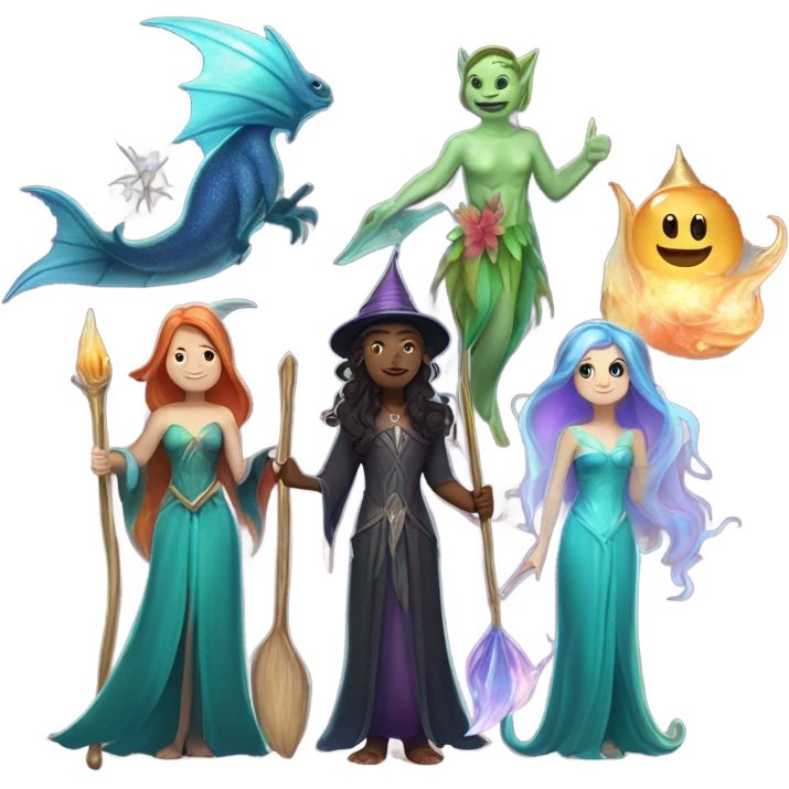 A group of 5 friends, consisting of a female witch, a female wizard, a male merman, a female fairy, and a female siren emoji