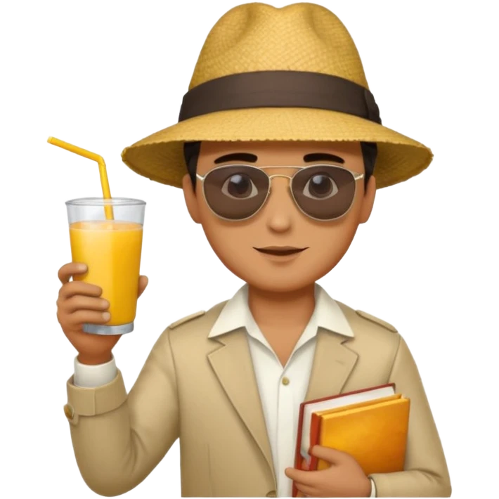 man holding book and mango drink emoji