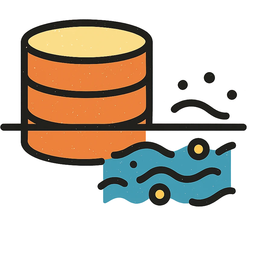 abstract minimalist icon of stacked disks partially submerged below a horizontal line representing underground, with flowing abstract data streams of lines, dots, or waves, worn and distressed effect emoji
