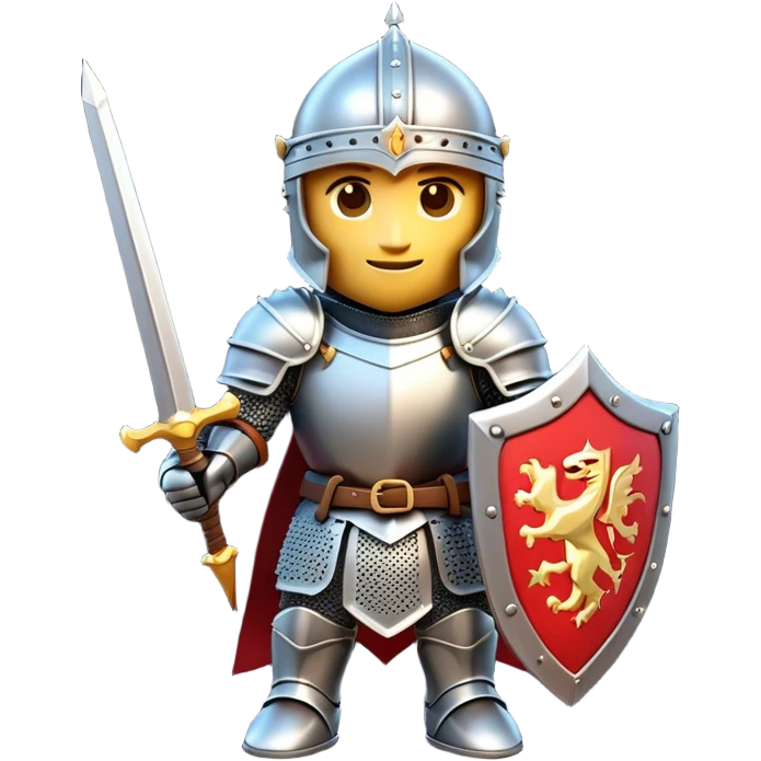Clash of Clans aesthetic: Cinematic Playful Armored Knight Hero Emoji, rendered in a 3D vector-style similar to standard emojis with minimal shading and bold, simplified shapes. A compact, isometric warrior clad in gleaming plate armor with intricate heraldic details, softly glowing with a chivalrous medieval charm. Simplified yet unmistakably iconic, highly detailed and consistent, glowing with a soft radiant shine and high polish. Stylized with a touch of noble valor and a soft glowing outline, capturing the essence of a gallant knight ready for honorable battle with a friendly, playful manner! emoji