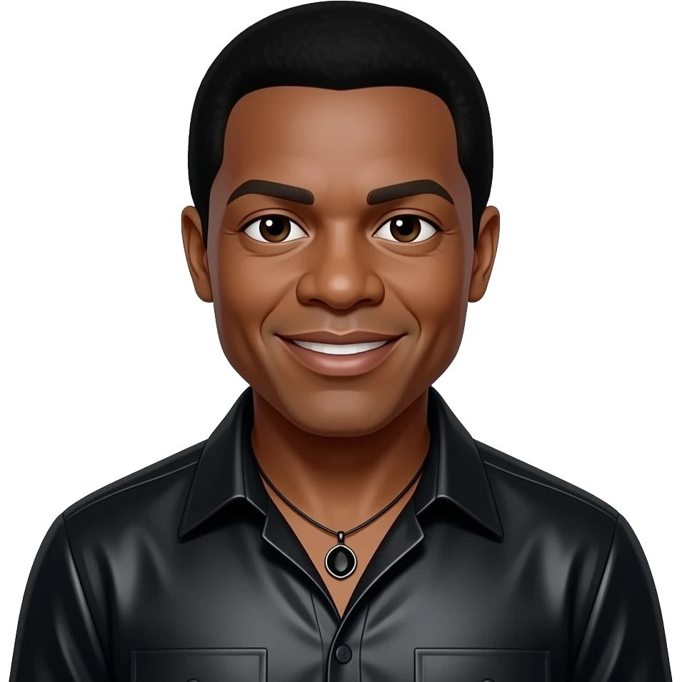 Jackie Wilson with dark brown eyes, black hair, black metallic shirt, black necklace emoji